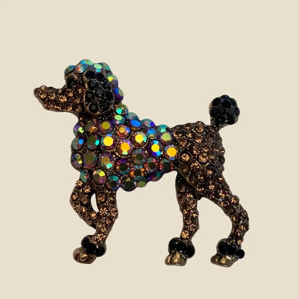 Vintage Style Poodle Brooch Rhinestone AB Crystal Dog Pin Gold Tone Metal